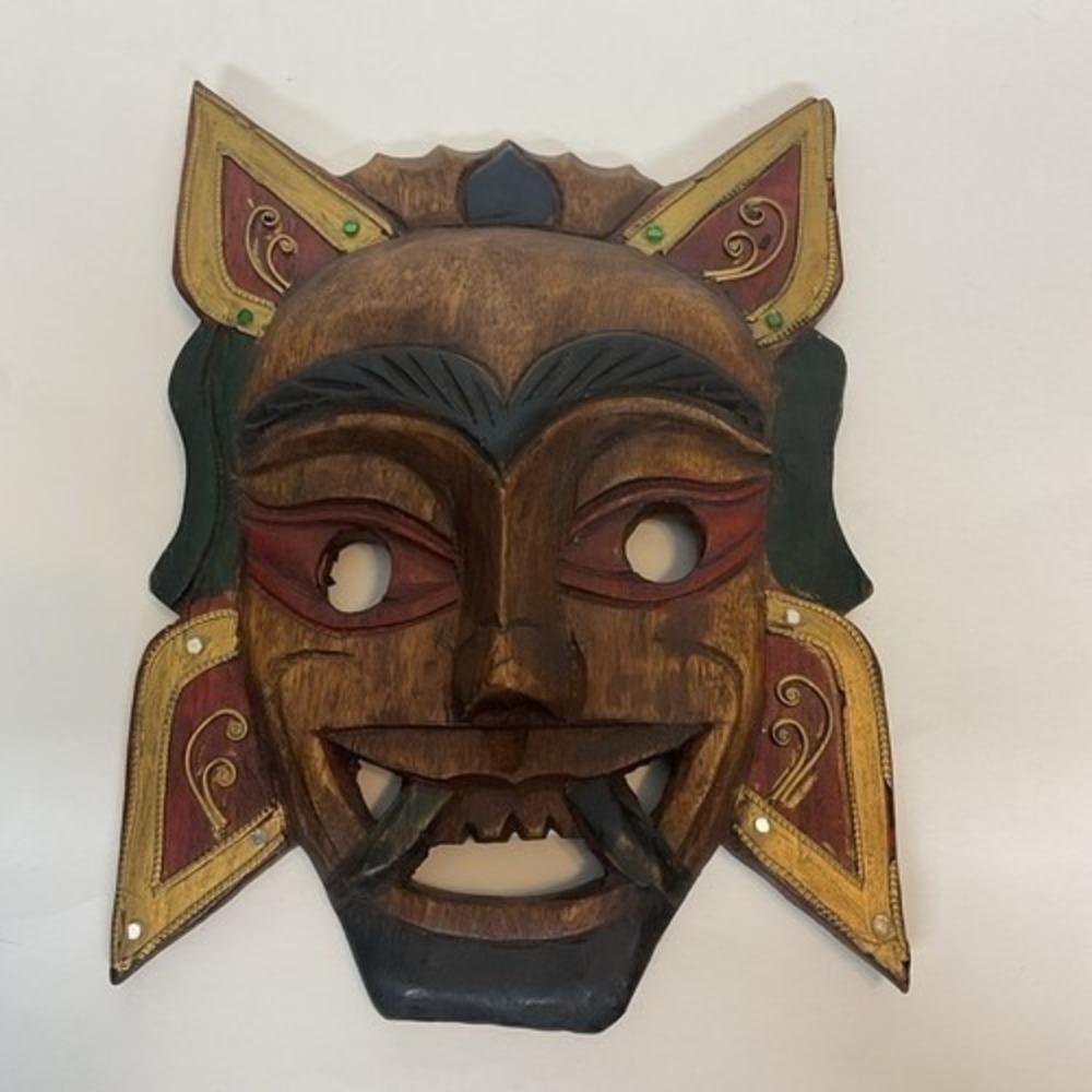 Vintage Hand Carved Wood Mask-Hand Carved & Painted Decor Rhinestones 10"x7.5"